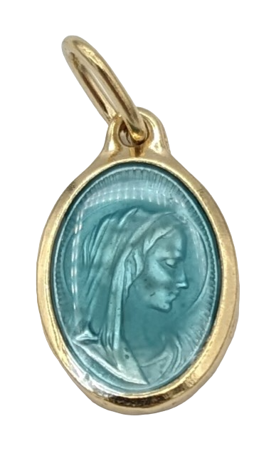Médaille ovale dorée avec émail turquoise lumineux
