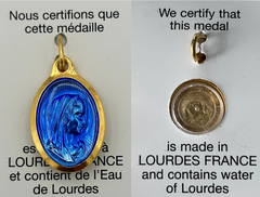 Medal of the Virgin, oval 25 mm, gilded in 24 carat fine gold, blue enamel, heavy water