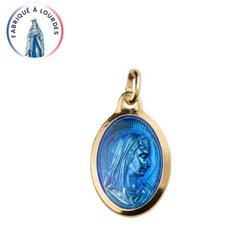 Medaglia della Vergine, ovale 25 mm, dorata in oro fino 24 carati, smalto blu, acqua pesante