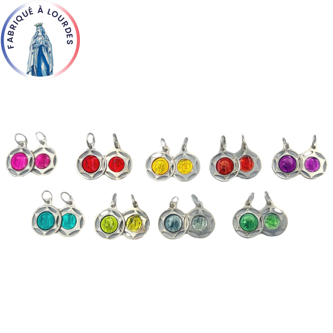 Set of 5 medals, Virgin in profile, aluminum, round 13 mm, openwork, epoxy enamel (color of your choice)