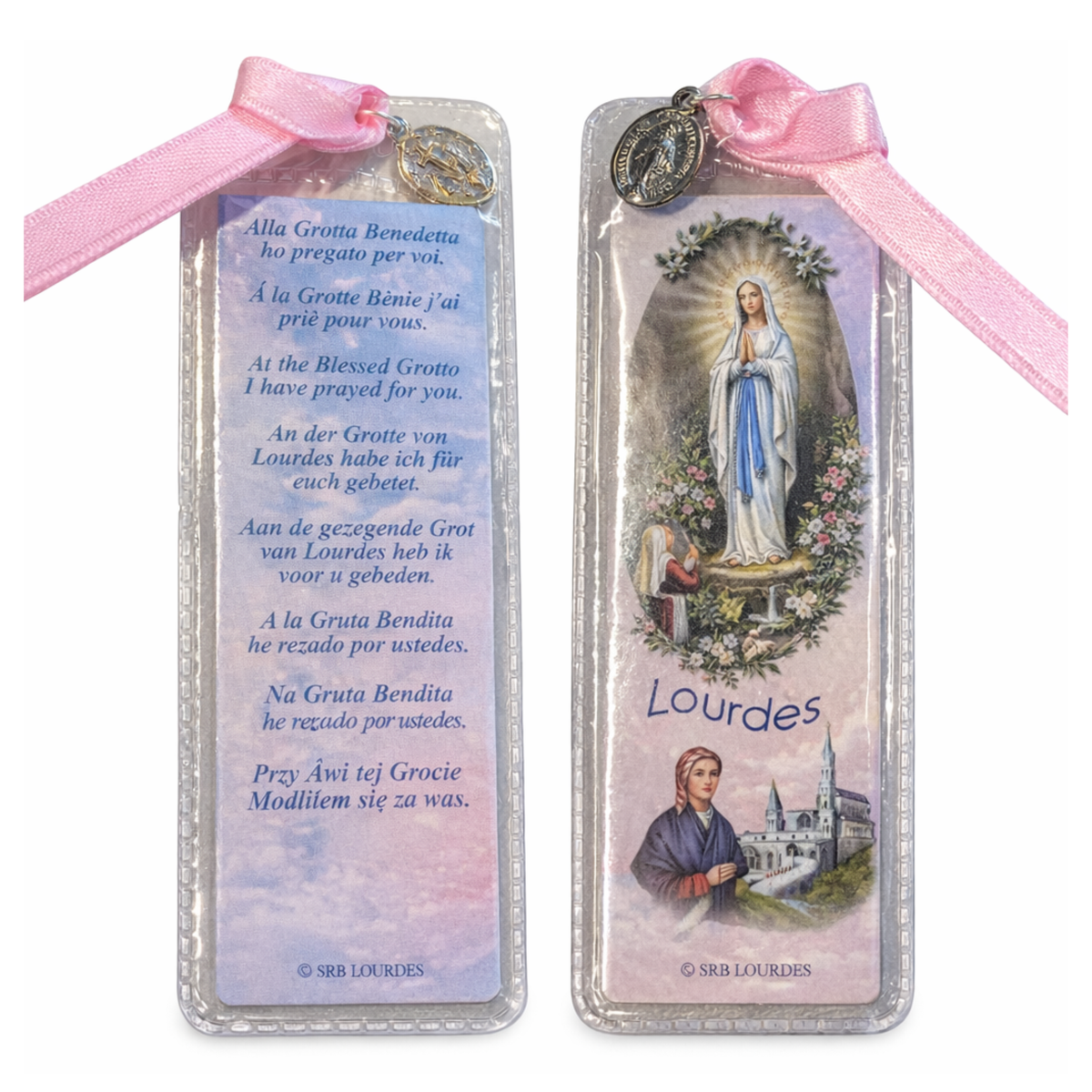 Carte Prière, Nœud & Médaille, Rose ou Bleu, Multilingue - SERAL I Souvenirs de Lourdes