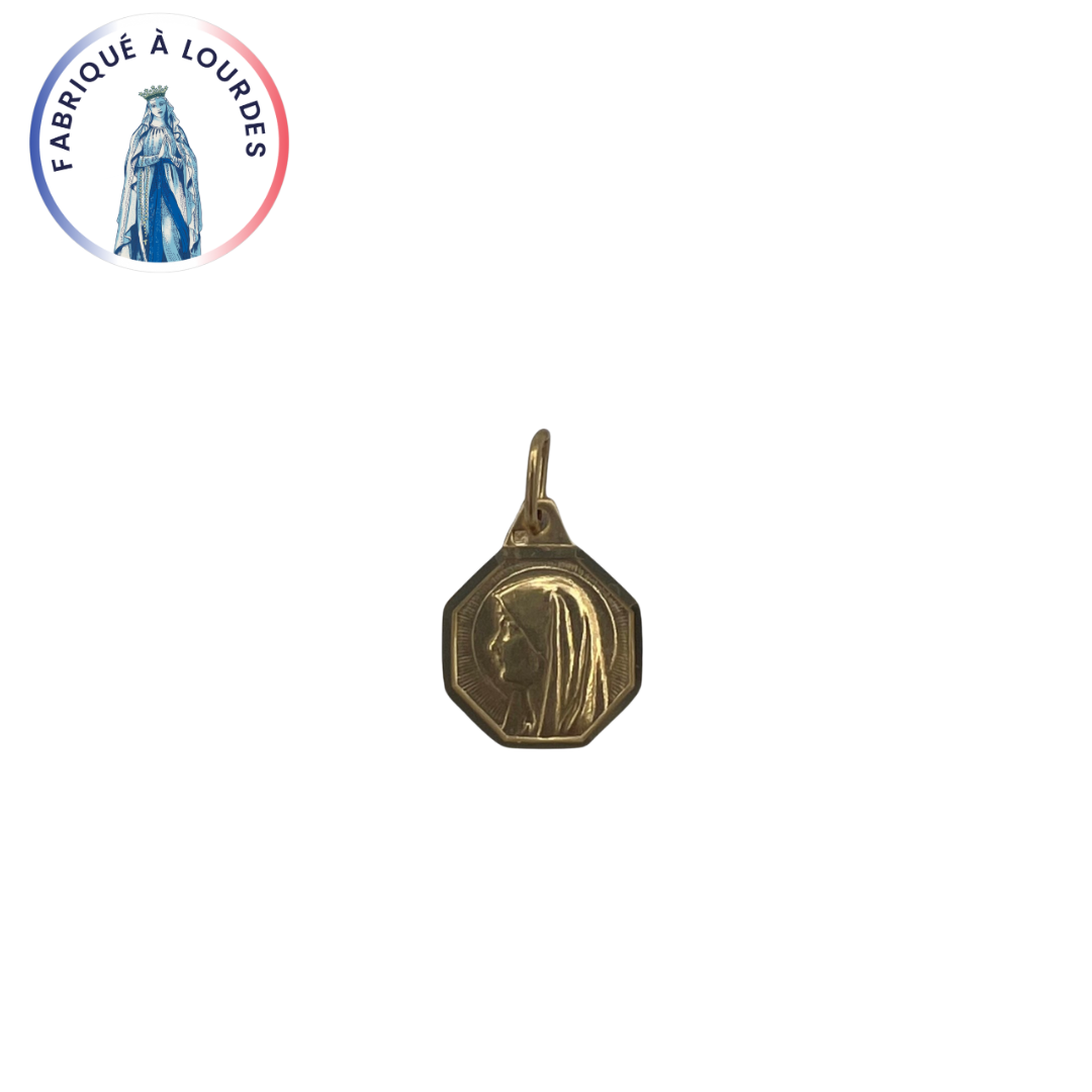 Virgin medal in profile, gold plated, octagonal 8 mm.