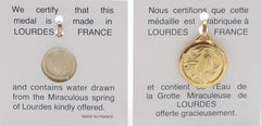 Round golden apparition medal 17.5 mm, containing Lourdes water