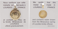 Round golden virgin medal 17.5 mm, containing Lourdes water