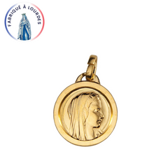 Round golden virgin medal 17.5 mm, containing Lourdes water