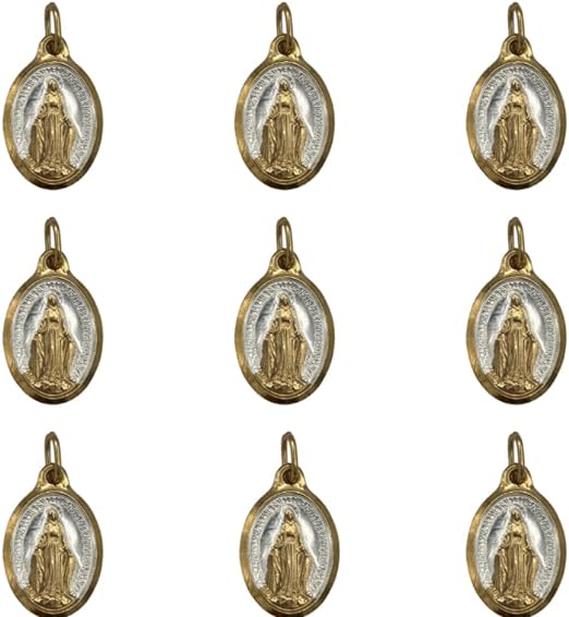 Partia 9 Medalików Cudownej Dziewicy, złoconych 24-karatowym czystym złotem, owalny kształt i dwukolorowa emalia.