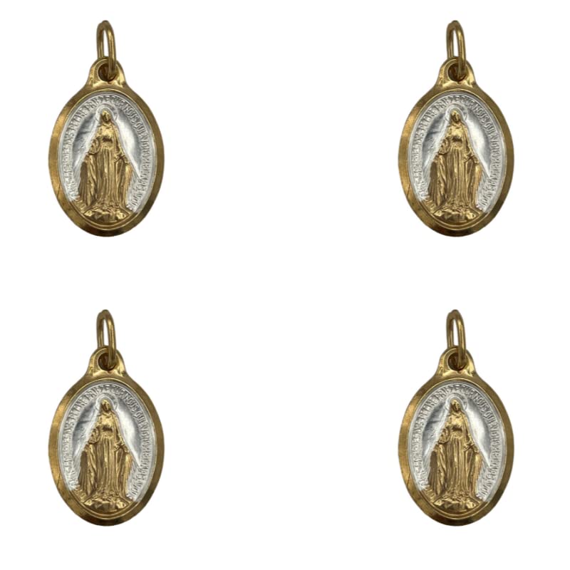 Zestaw 4 Medalików Cudownej Dziewicy, złoconych 24-karatowym czystym złotem, owalny kształt i dwukolorowa emalia. W całości wyprodukowane w Lourdes.