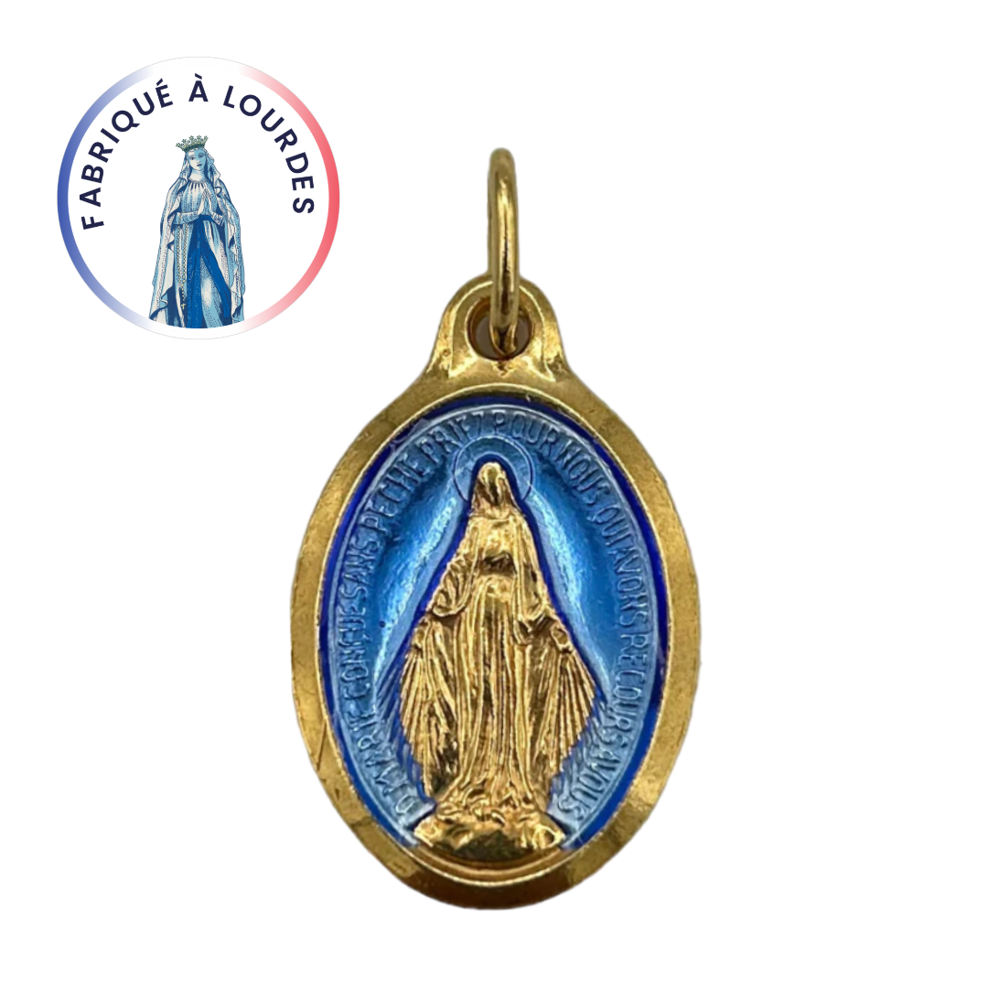 Médaille miraculeuse, Dorée or fin 24 carats, Ovale 25 mm, émail bleu