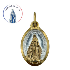 Lot de 9 Médailles de la Vierge Miraculeuse, dorée or fin 24 carats, forme ovale et émail deux tons.