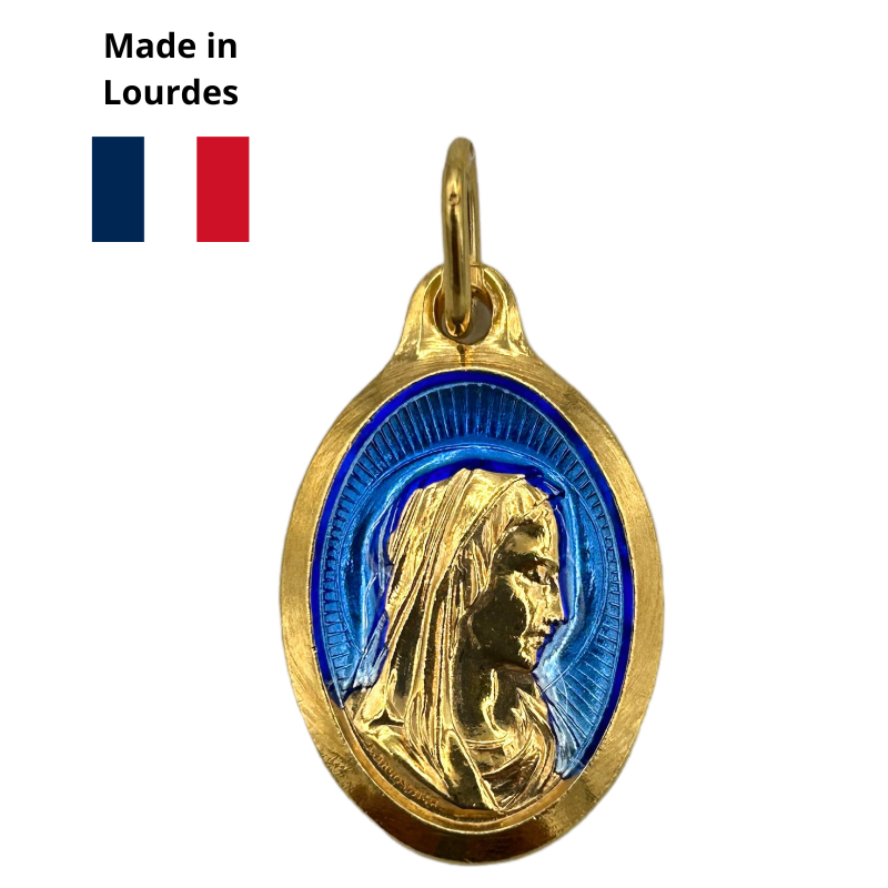 Médaille Vierge, Dorée or fin 24 carats, ovale 25 mm, émail bleu
