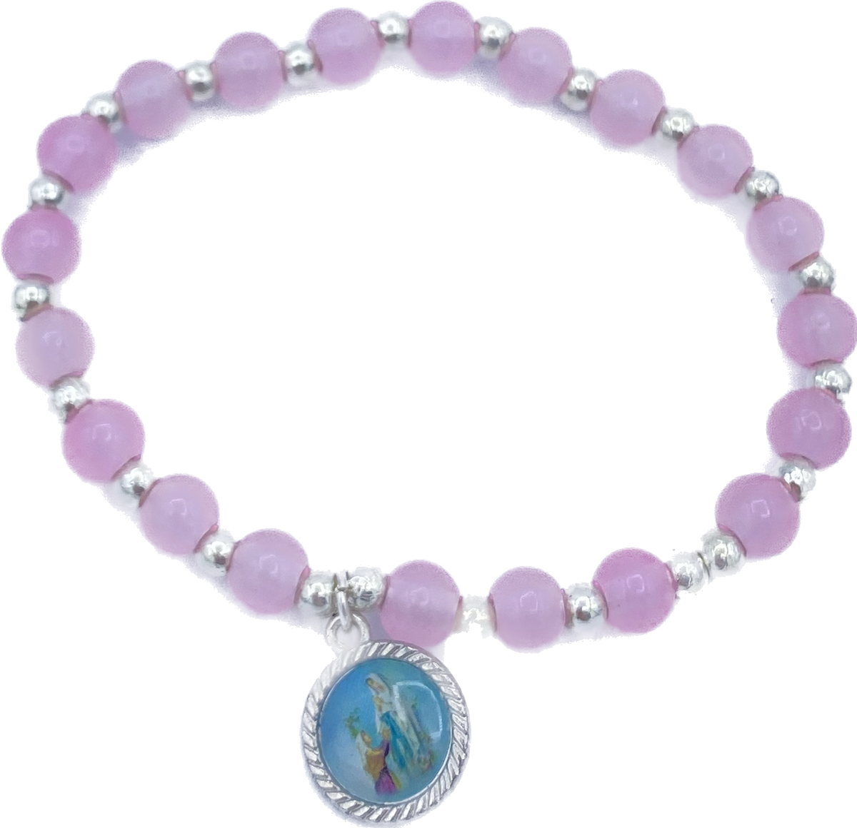 6mm glass bracelet with a pink Lourdes medal