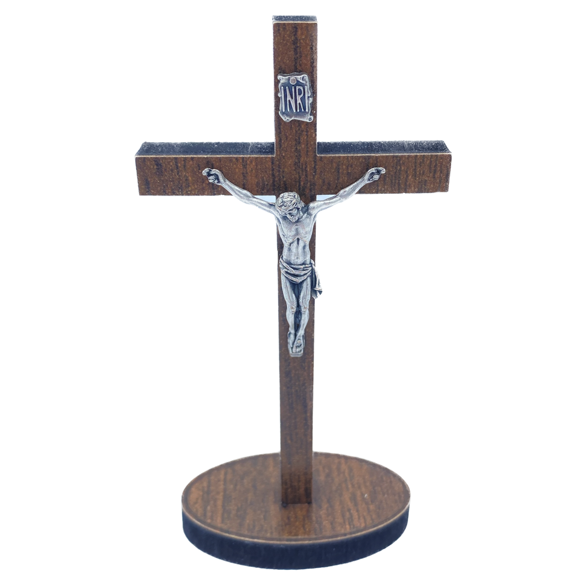 Crucifix, Bois foncé & Métal argenté, Sur socle rond