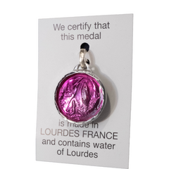 Apparition of Lourdes medal, aluminum, round 17.5 mm, enameled and faceted, containing Lourdes water