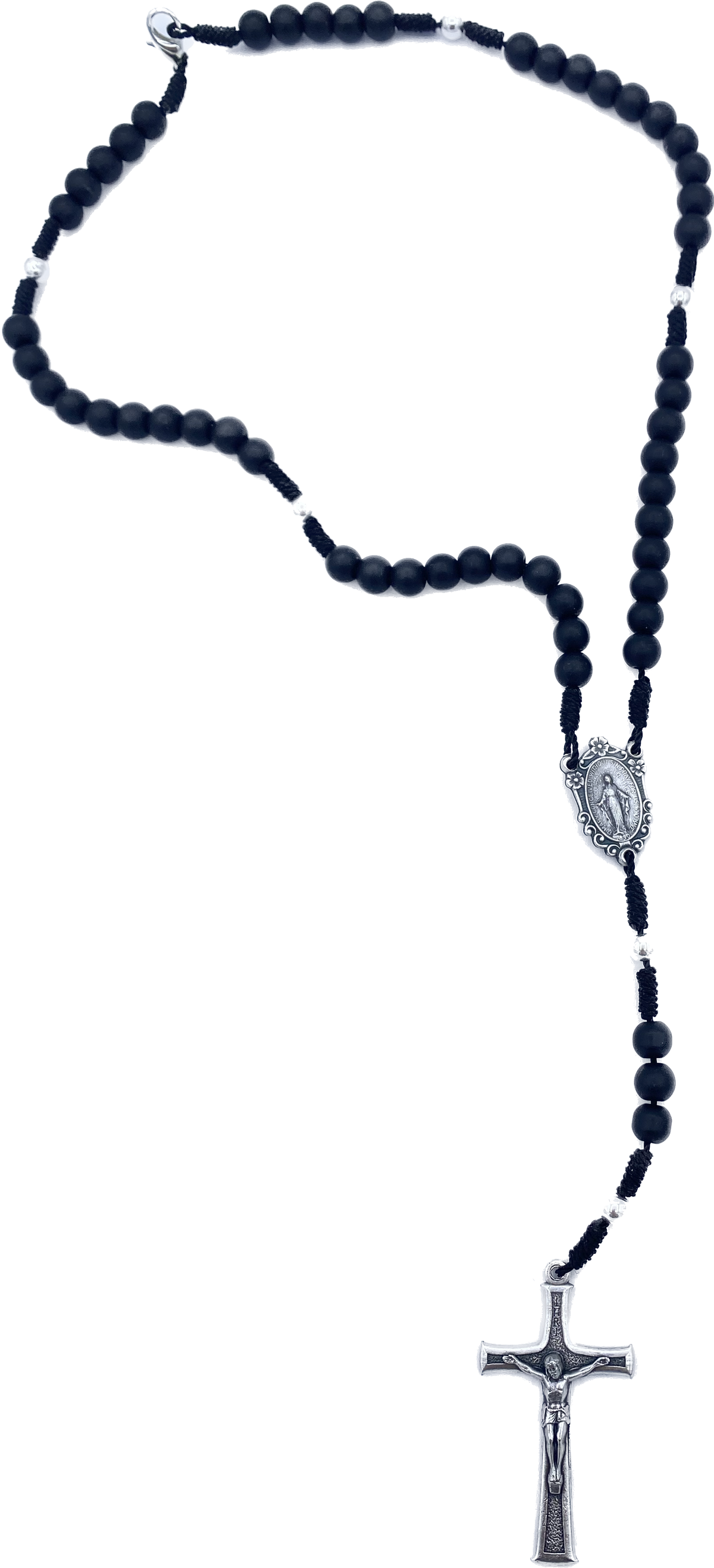 SILVER PARTER BLACK STONE ROSARY ON ROPE
