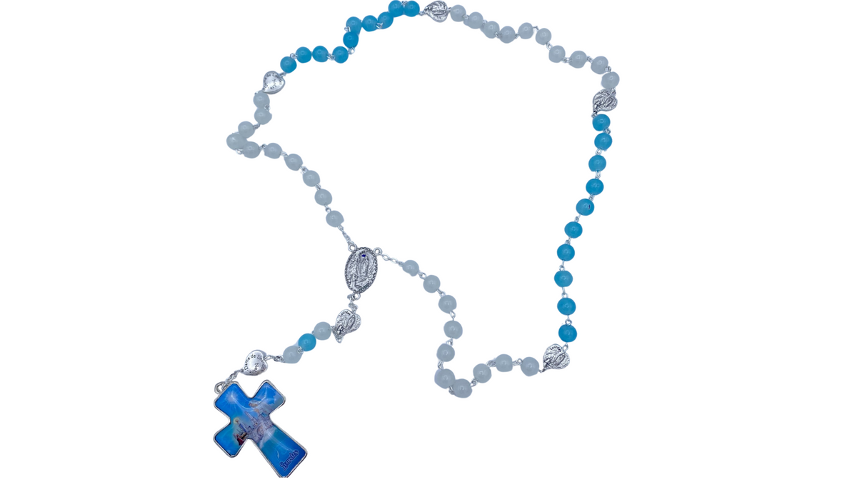 Chapelet bleu et blanc - croix apparition - pater coeur