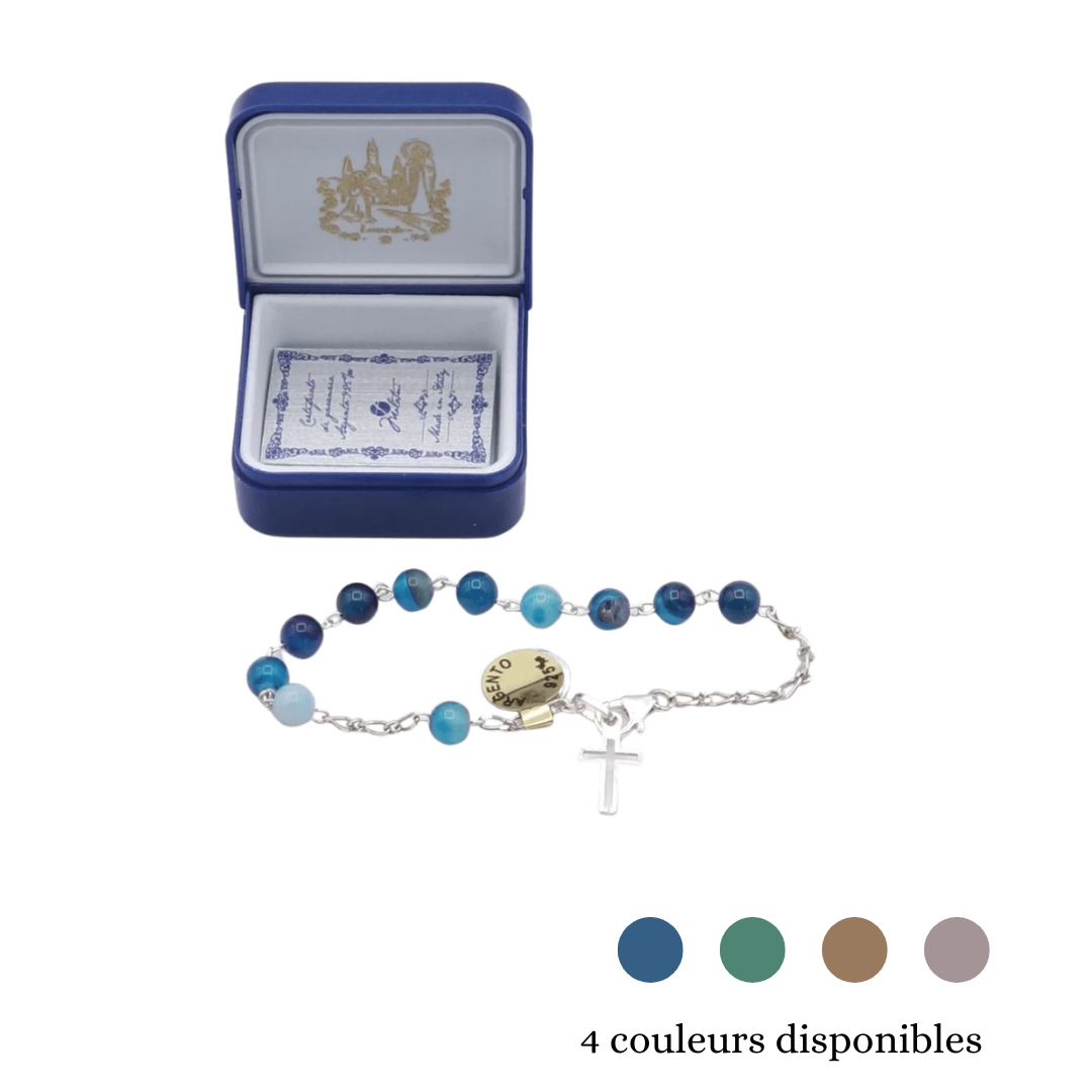 Bracelet argent pierre 19 cm + breloque croix - 4 couleurs au choix
