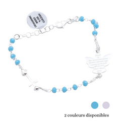 Bracelet pierre cristal avec colombe de la paix et croix - 2 couleurs au choix