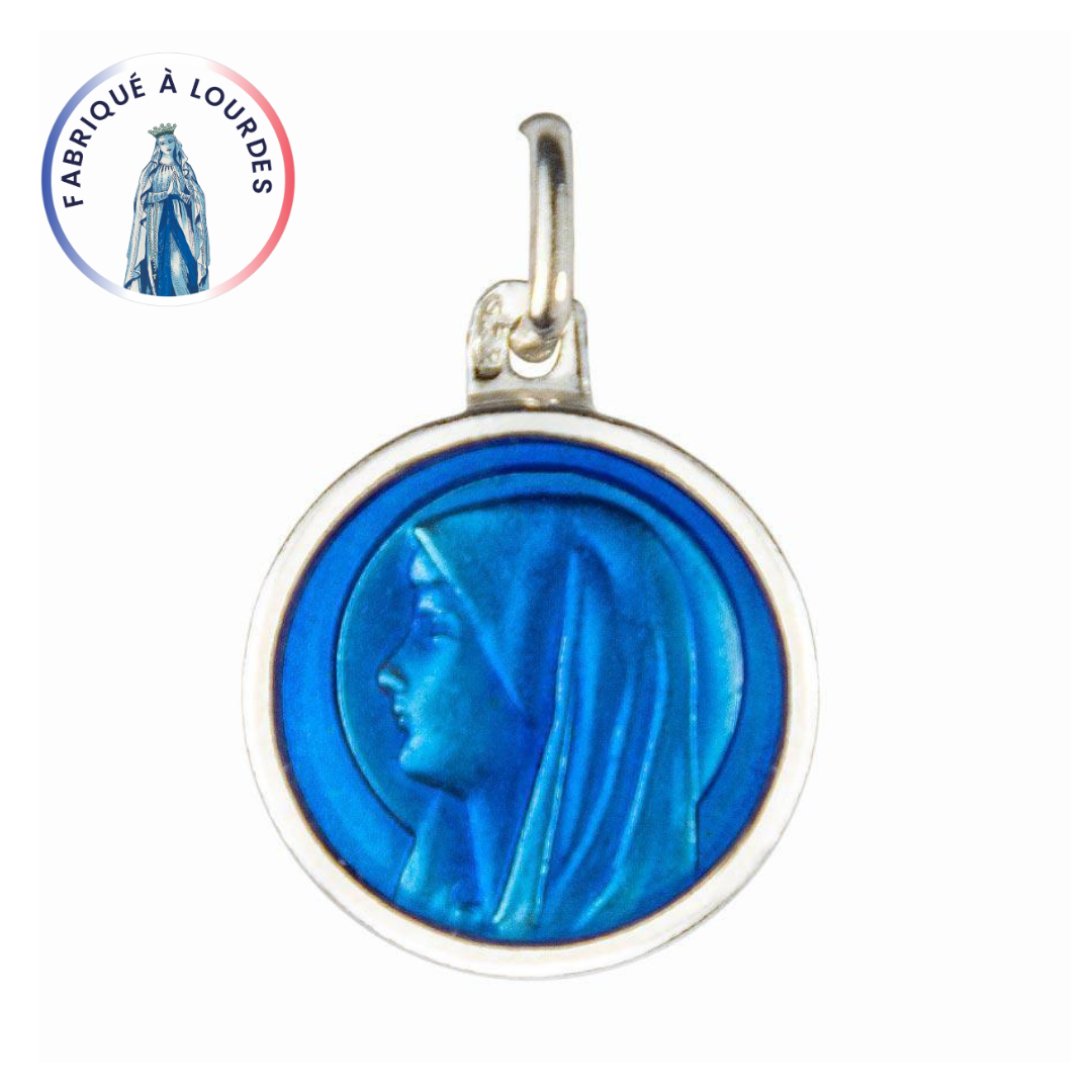 Médaille Profil de la Vierge Argent 925/000 ronde Email Bleu