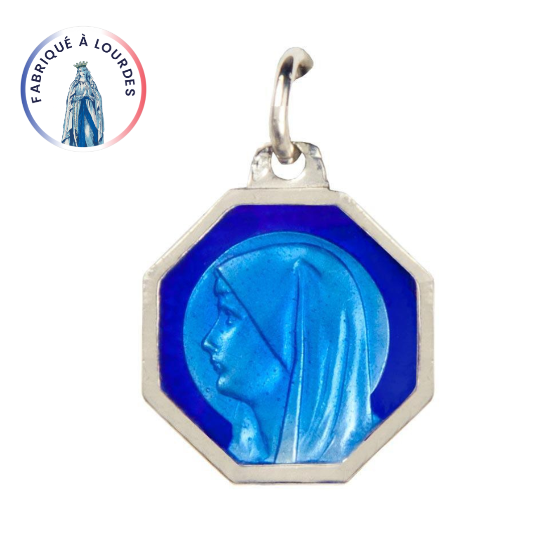 Médaille Vierge de Profil Argent 925/000 Octogonale Email 2 Tons Bleu
