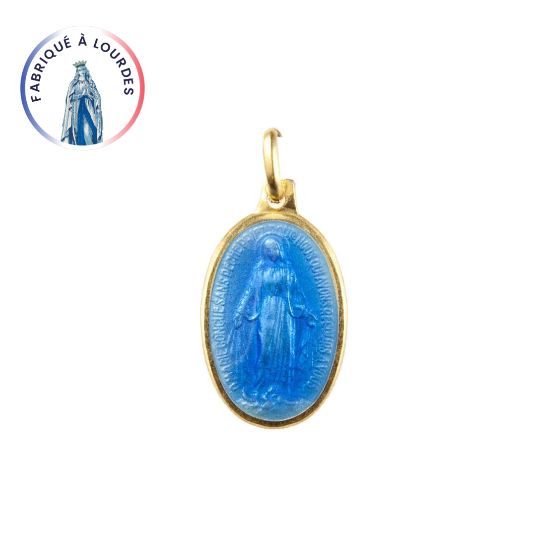Miraculous Virgin Medal 925/000 gilded silver oval 10 mm Blue Enamel