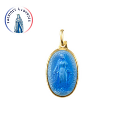Miraculous Virgin Medal 925/000 gilded silver oval 10 mm Blue Enamel