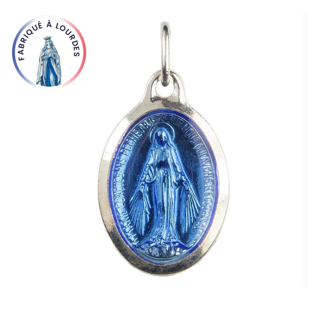 Médaille Vierge Miraculeuse, métal argenté, ovale émail bleu