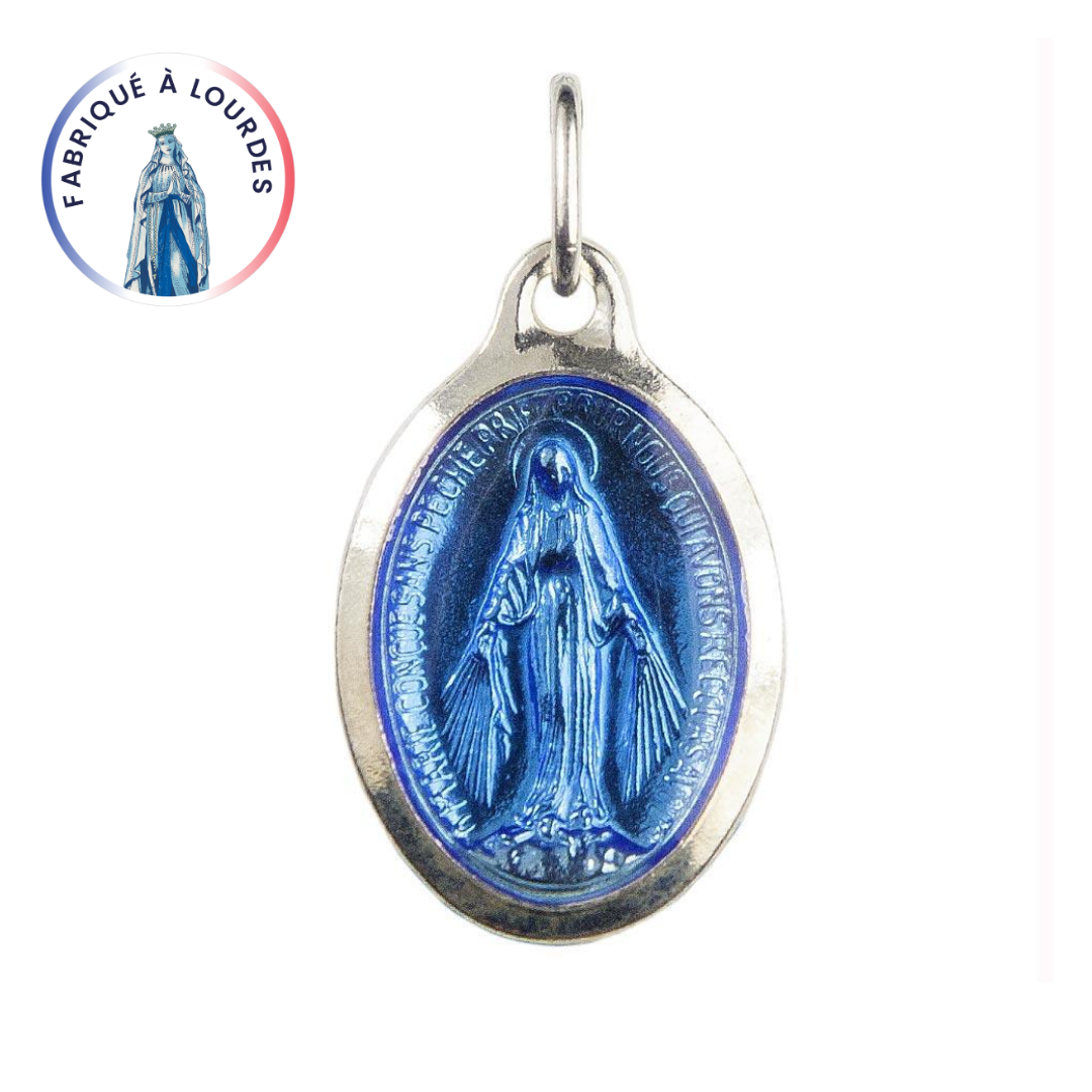 Médaille Miraculeuse argentée ovale émail bleu 2 face - 12 mm