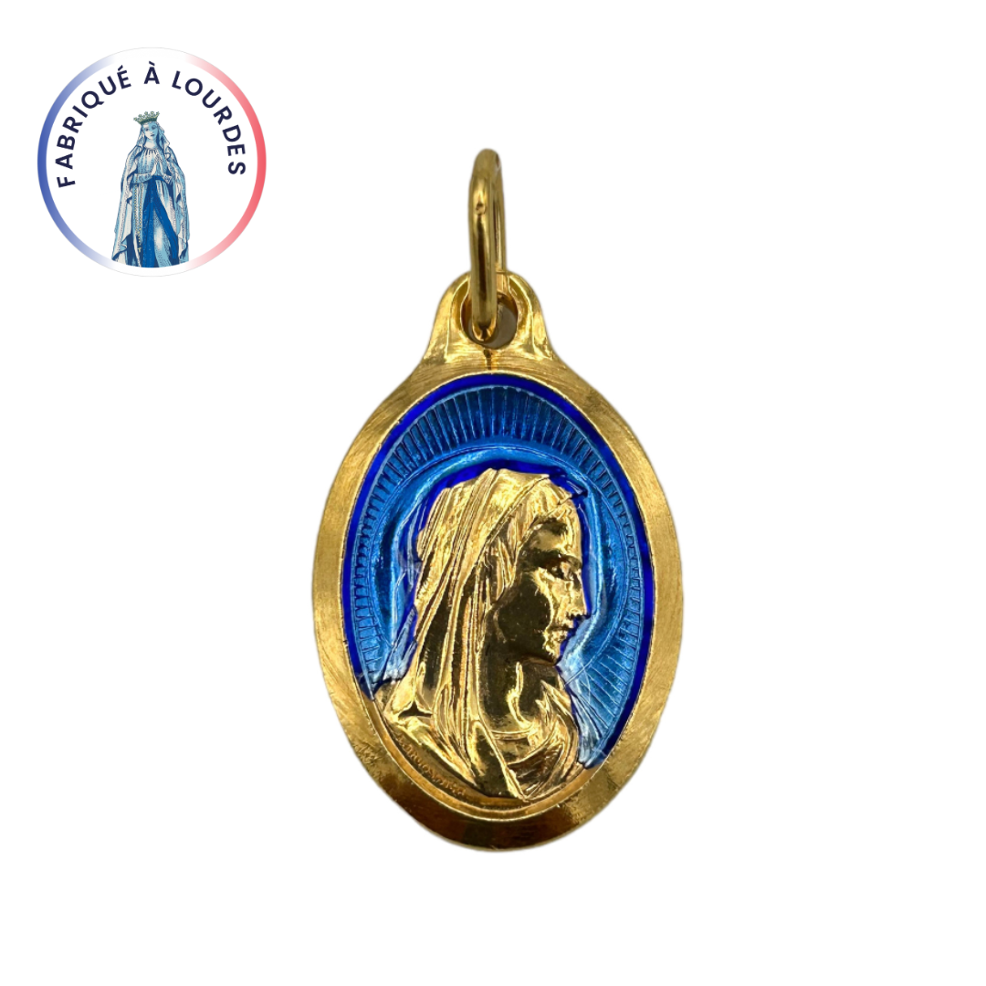 Medaglia della Vergine, placcata in oro fino 24 carati, ovale 25 mm, smalto blu