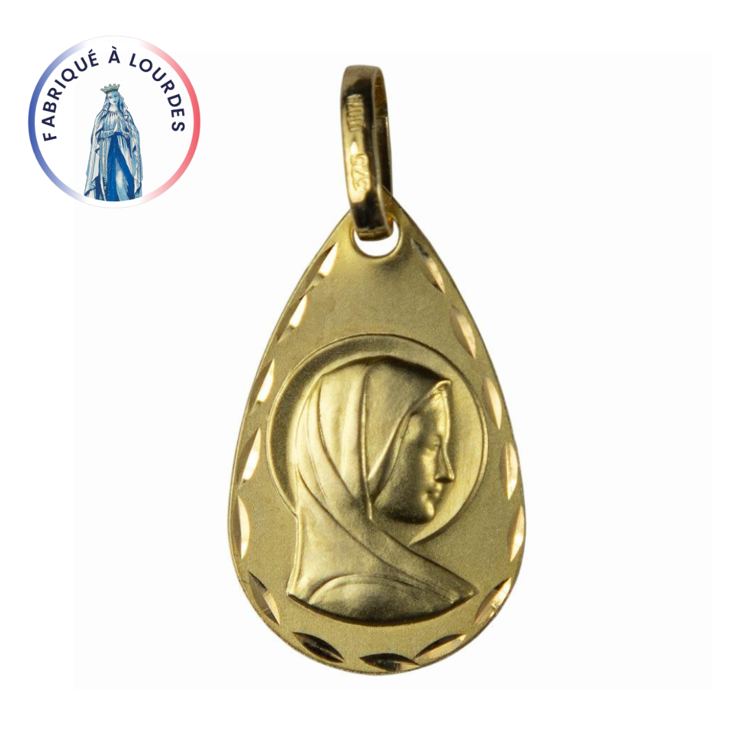 Medalla Virgen Perfil Oro 9 kilates Forma Gota 19x12 mm Borde Apedreado