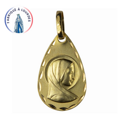 Médaille Vierge de Profil Or 9 carats Forme de Goutte 19x12 mm Bord Lapidé