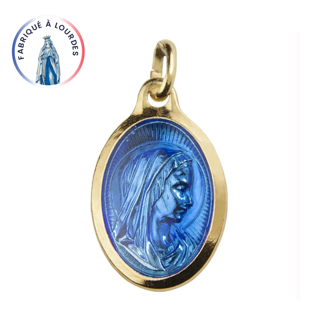Médaille Vierge de Profil, Doré à l'or fin 24 carats, Ovale, émail bleu