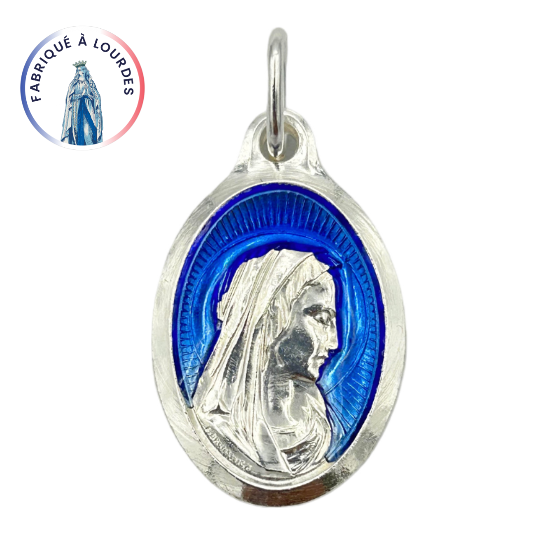 Medalla de la Virgen, metal plateado, Ovalada 25 mm, esmalte azul