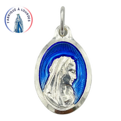 Medaglia della Vergine, metallo argentato, ovale 25 mm, smalto blu