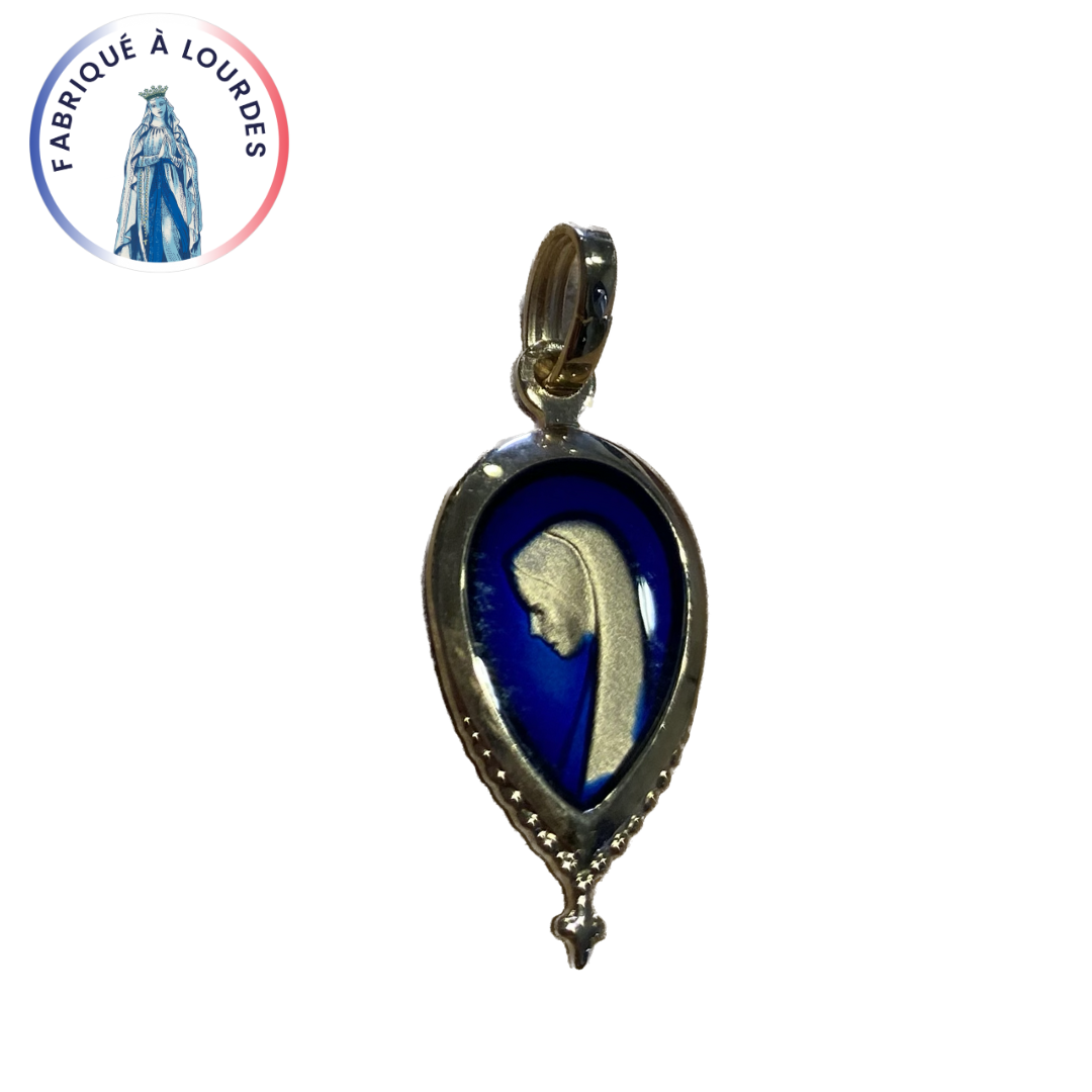 Médaille plaqué or goutte eau, émail bleu - 11x22mm