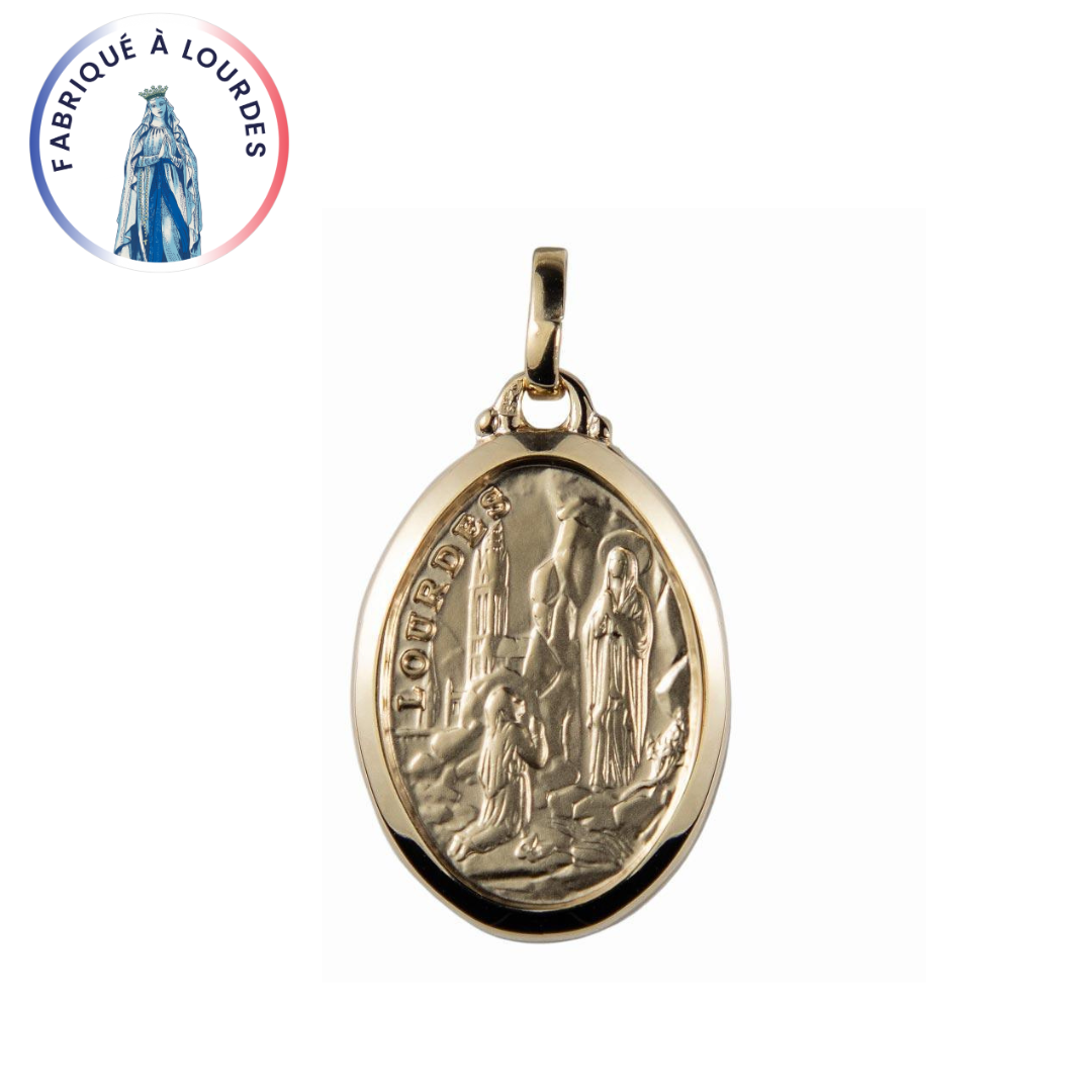 Gold-plated medal 3 microns Apparition of Lourdes oval 23X16mm
