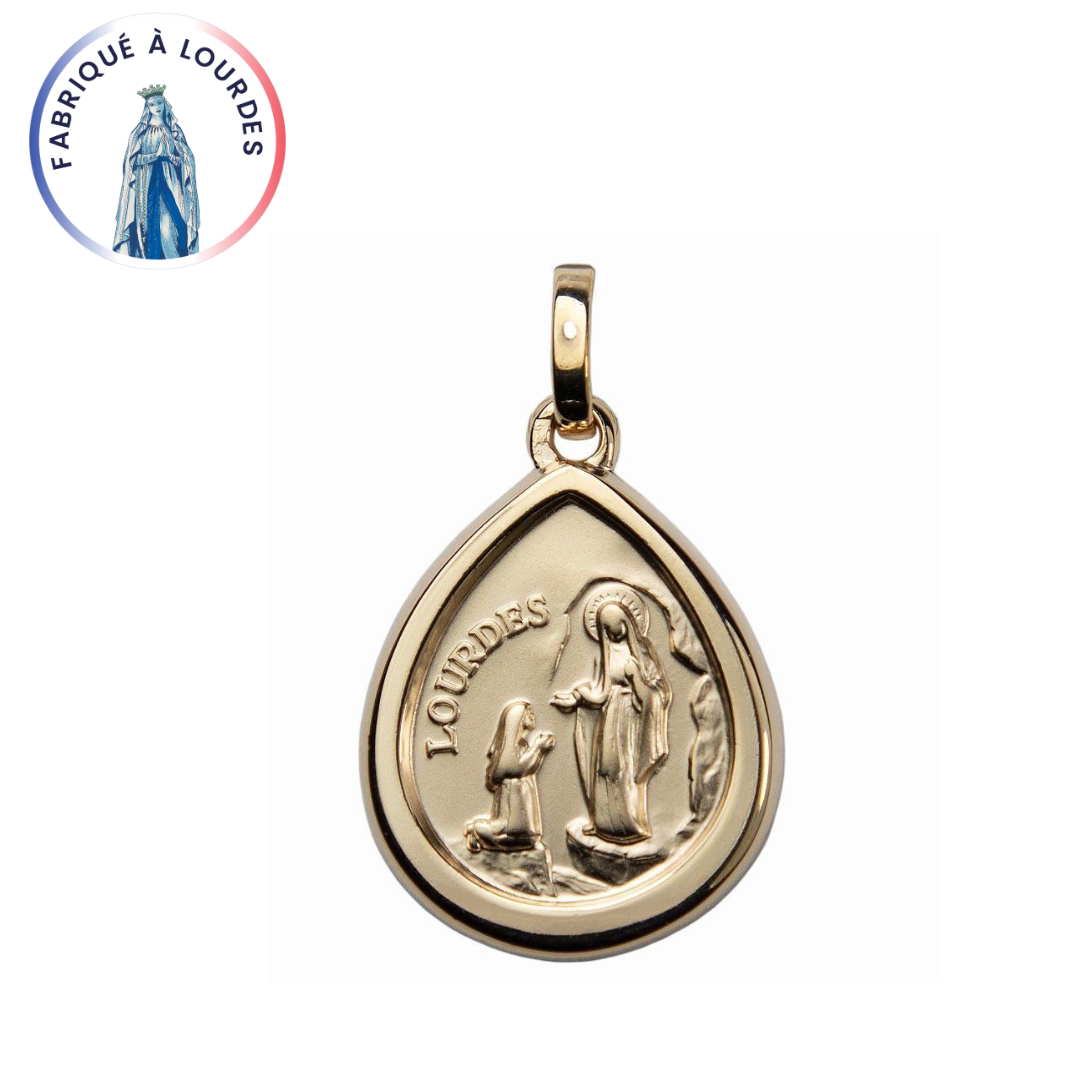 Medaglia dell'Apparizione di Lourdes forma pera placcata in oro 3 micron