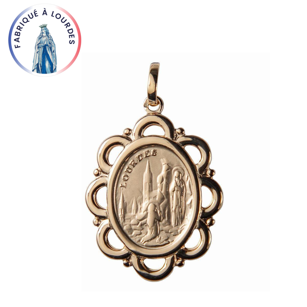 Medalik z Lourdes, pozłacany, owalna koronka o grubości 3 mikronów