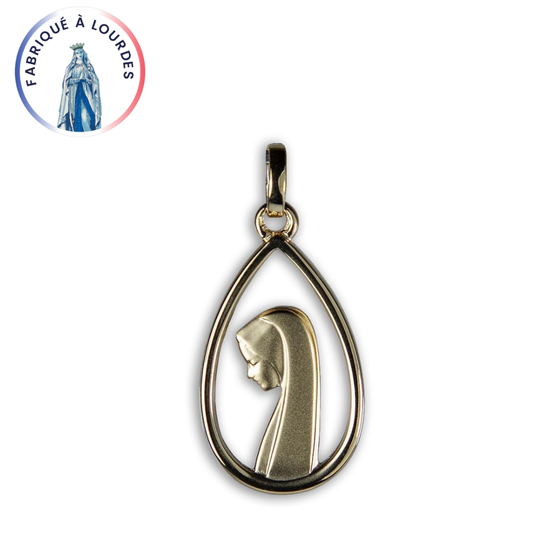 Médaille Vierge de Profil Argent plaqué-or 3 microns forme de poire intérieur découpé