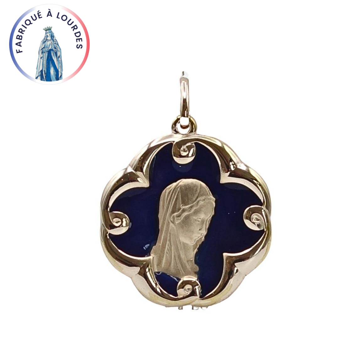 Médaille Vierge de profil plaqué-or 3 microns forme de fleur époxy bleue 30x30 mm