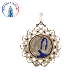 Lourdes Apparition double lace medal, 3 micron gold plated, round 30 mm, blue epoxy enamel
