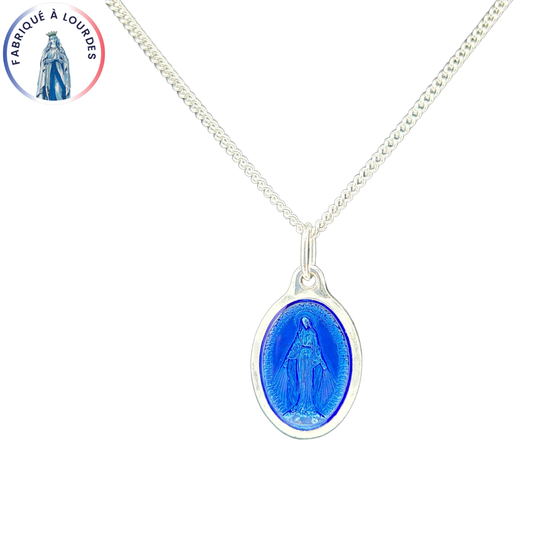 Set composed of a 20 mm silver oval miraculous Virgin medal and a 50 cm chain, entirely produced in Lourdes.