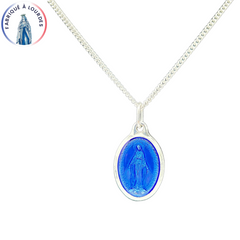 Set composed of a 25 mm silver oval miraculous Virgin medal and a 50 cm chain, entirely produced in Lourdes.