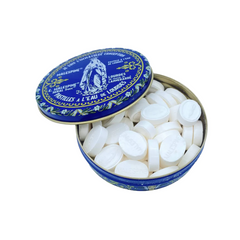 Scatola rotonda in metallo di pastiglie Malespine® con acqua di Lourdes, 100 gr, aroma di menta