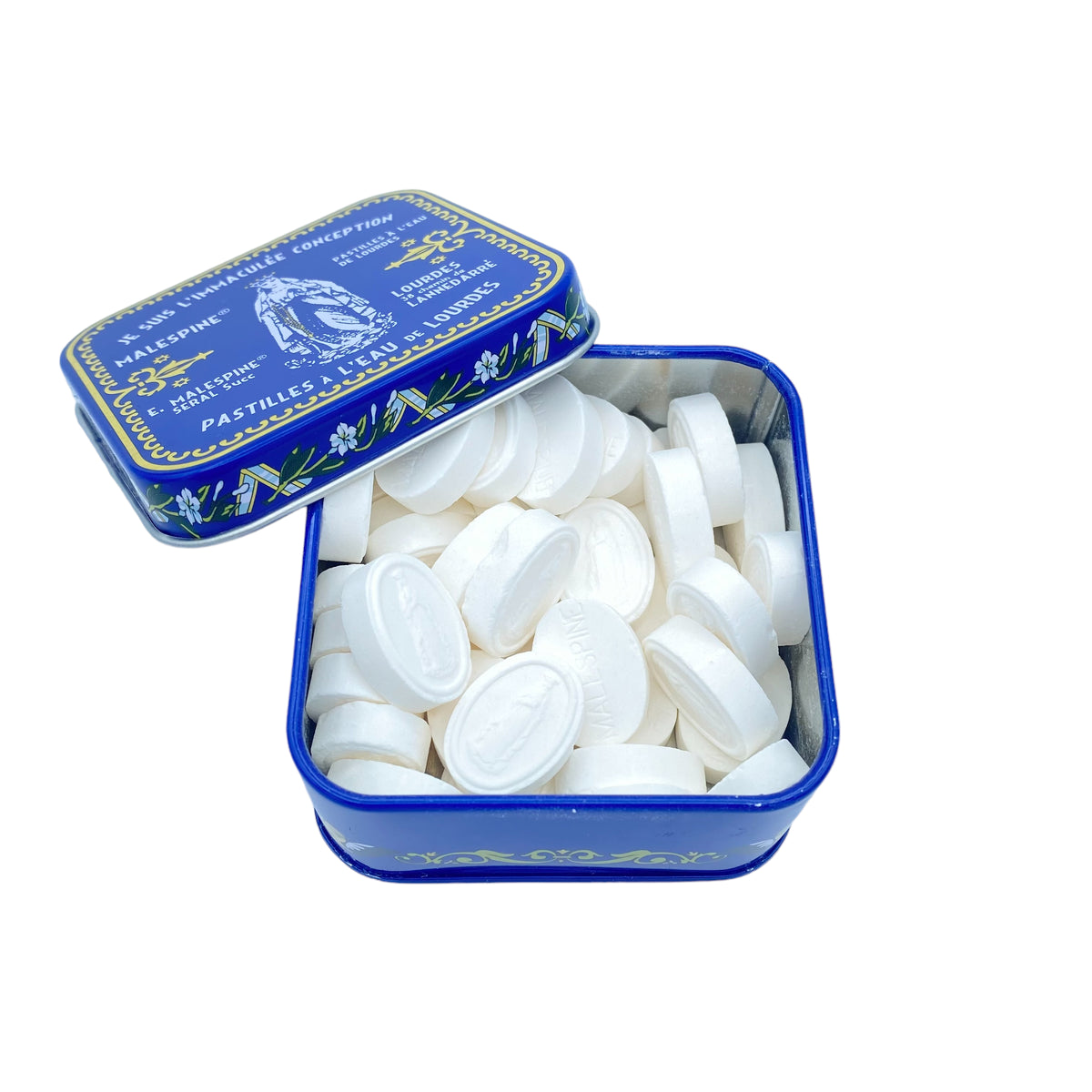 Boite carrée en métal de pastilles Malespine® à l'eau de Lourdes,100 gr ( saveur au choix )