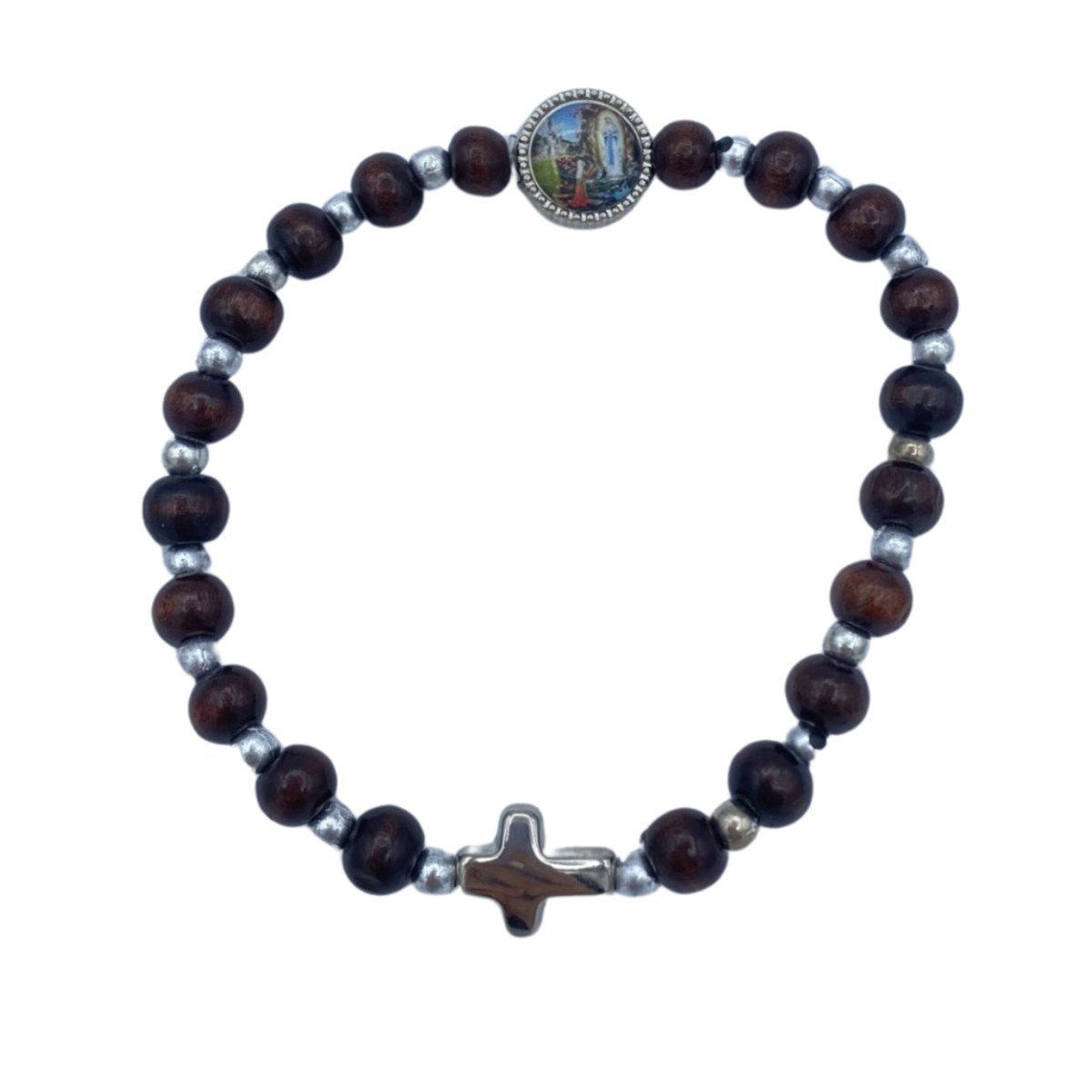 BRANSOLETKA Z DREWNA I METALU - KRZYŻ