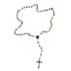 Chapelet, Pierres Colorées, Croix 4 cm, Cœur Apparition & Capsule d’Eau de Lourdes
