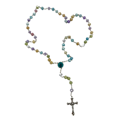 Chapelet, Pierres Colorées, Croix 4 cm, Cœur Apparition & Capsule d’Eau de Lourdes