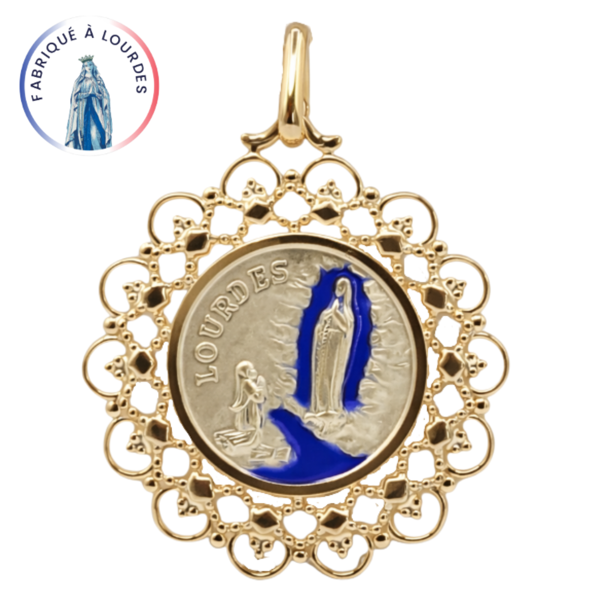 Médaille double dentelle Apparition de Lourdes, plaqué or, ronde 30 mm, émail bleu - SERAL I Souvenirs de Lourdes