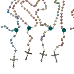 Chapelet, Pierres Colorées, Croix 4 cm, Cœur Apparition & Capsule d’Eau de Lourdes
