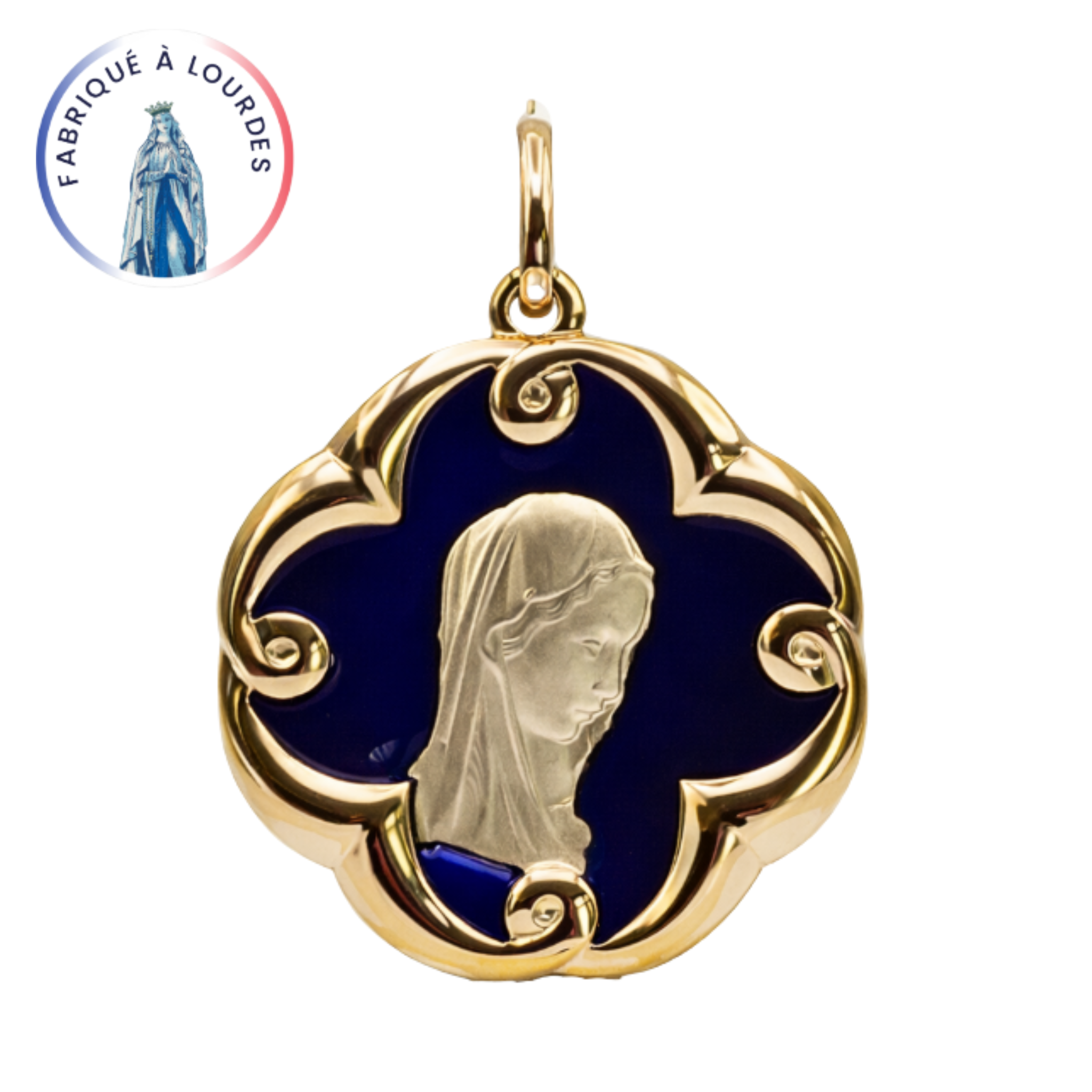 Médaille Vierge Plaqué-Or émail bleu forme fleur - 30 mm - SERAL I Souvenirs de Lourdes